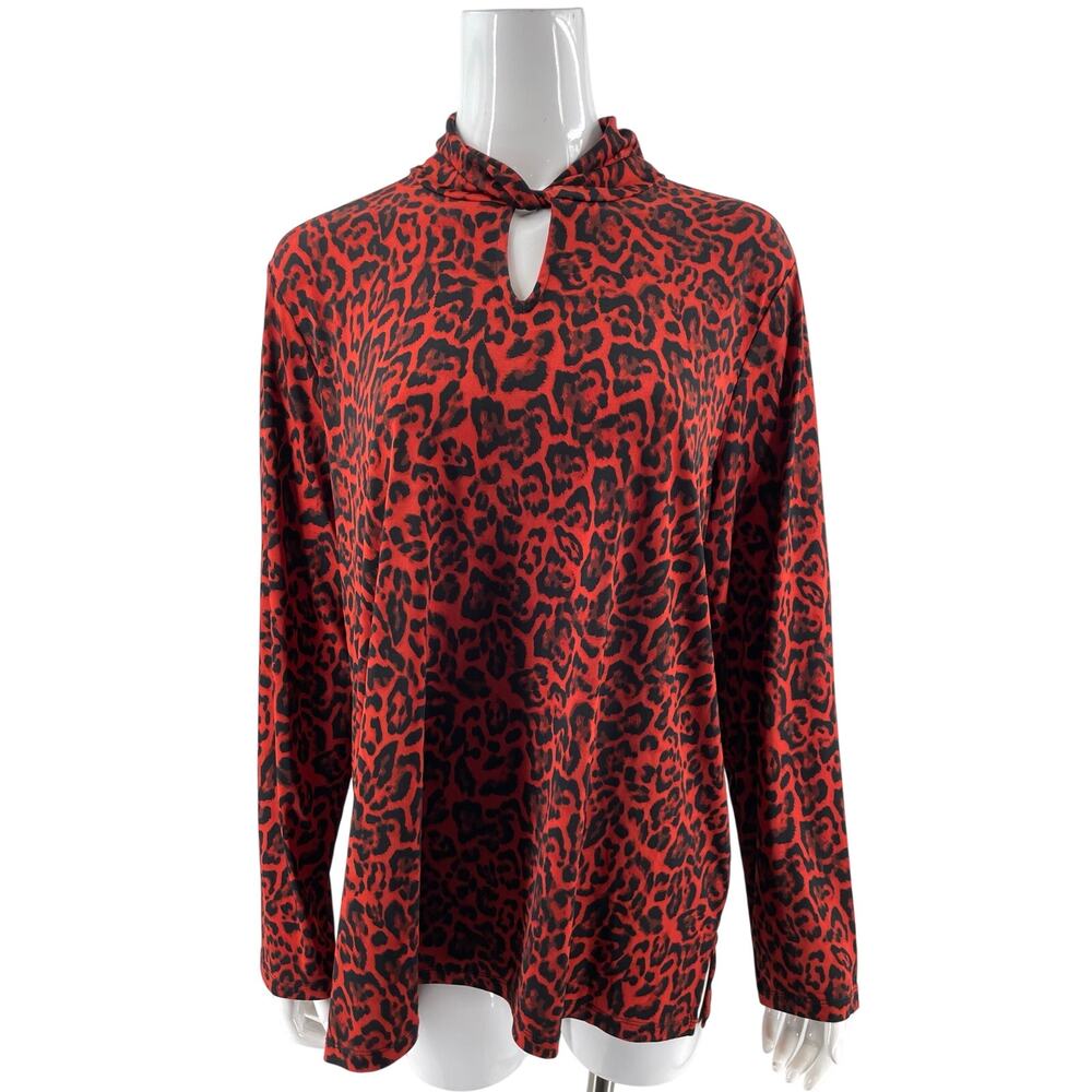 Susan Graver Womens Top Size XL Red Black Leopard Print High Neck Stretch Shirt